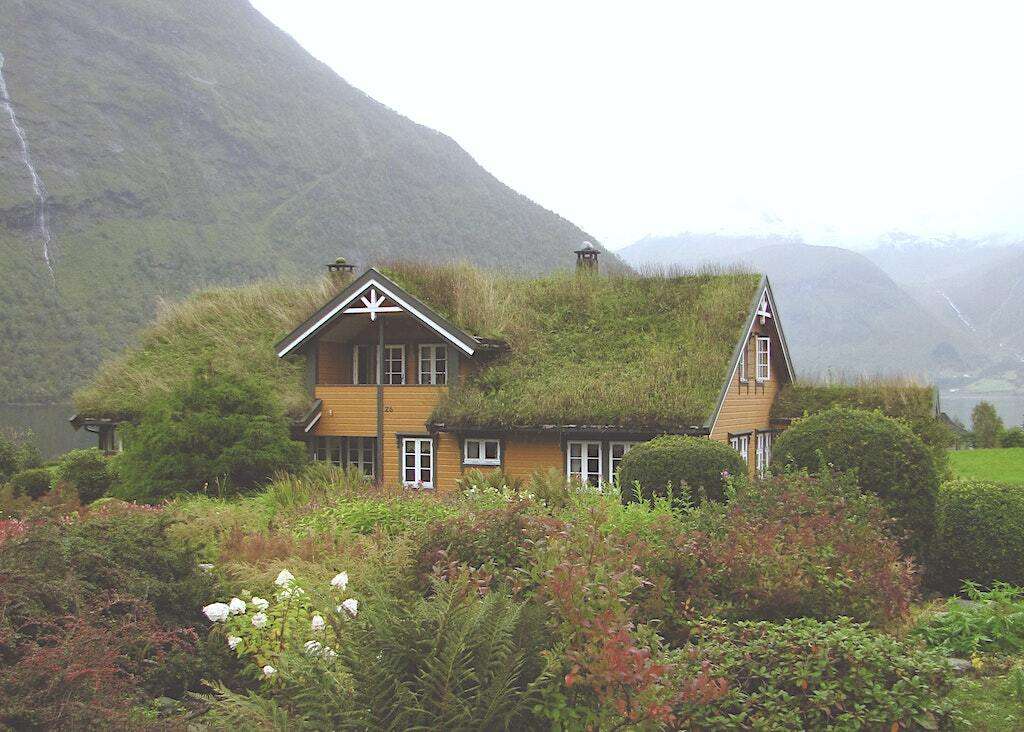 A house with a green roof,
