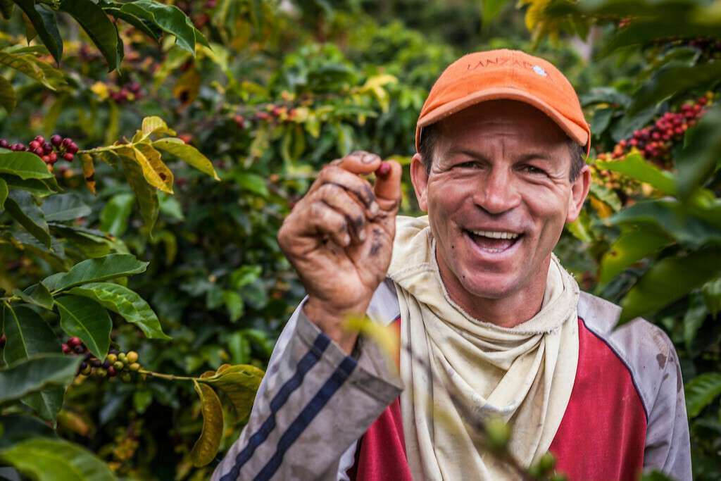 Colombian farmer showing a coffee cherry 