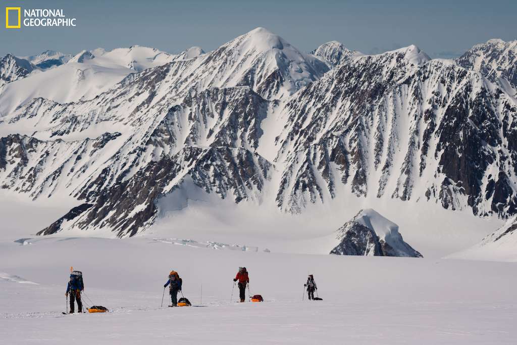 The expedition team climbs towards camp 1 on Mt. Logan in Kluane National Park and Reserve.