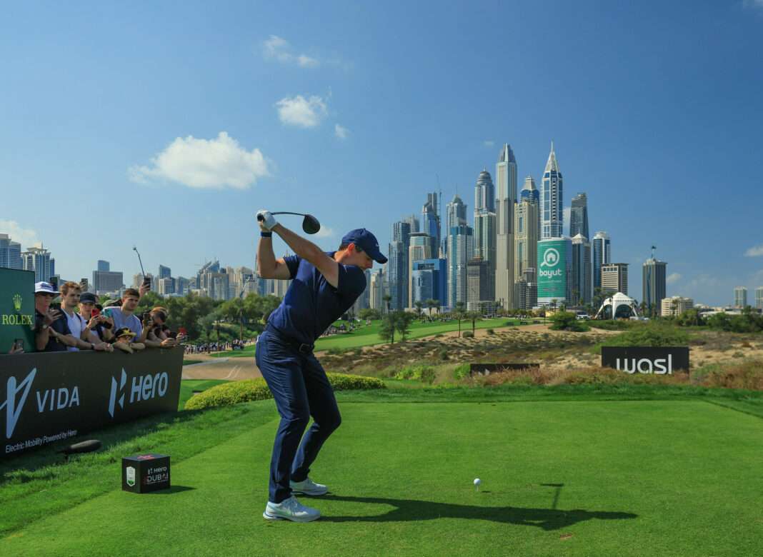 Rory McIlroy tees off at the Hero Dubai Desert Classic